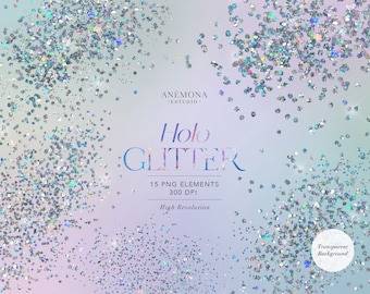Holographic Glitter Clipart: Rainbow Sparkle PNG Overlays (Commercial Use, Digital Download