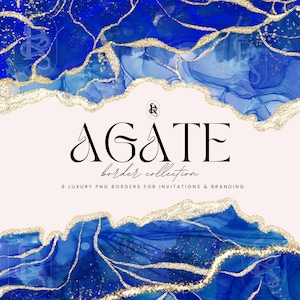 May include: A digital design with a pale pink backdrop, showcasing blue and gold abstract borders. The text "AGATE border collection" is in black, accompanied by the description "8 luxury PNG borders for invitations & branding."