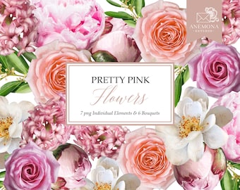 Pink Watercolor Flowers Clipart: Roses & Bouquets (Digital Product)
