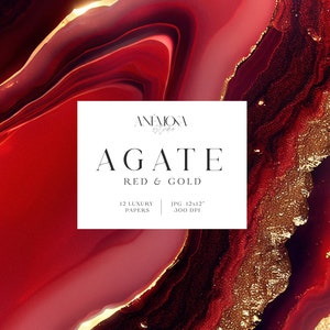 Puede incluir: Fondo de papel digital de ágata rojo y dorado con una superposición de texto blanco que dice "Agate Red & Gold 12 Luxury Papers JPG 12x12" 300 DPI