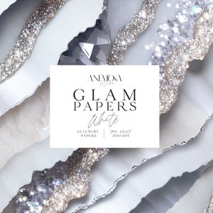 Carta digitale glamour con glitter scintillanti bianchi e brillanti, texture di quarzo geode di marmo agata metallizzata, sfondi digitali di lusso