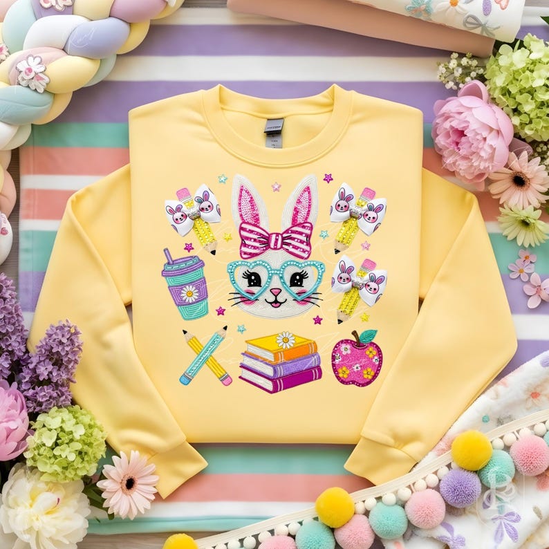 Puede incluir: Una sudadera amarilla con un dise&ntilde;o de conejo de dibujos animados. El dise&ntilde;o incluye gafas, un lazo, l&aacute;pices, libros, una bebida y lazos. La sudadera est&aacute; decorada con bordados coloridos, perfecta para Pascua o primavera.