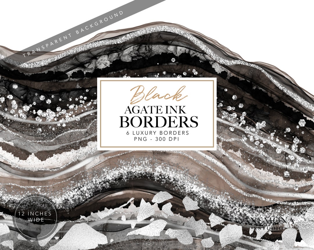Black Agate Borders Clipart, Watercolor Geode Clipart - Silver Glitter ...