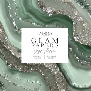 Carta digitale glamour scintillante e scintillante color verde salvia, texture di quarzo geode di marmo agata metallizzata, sfondi digitali di lusso
