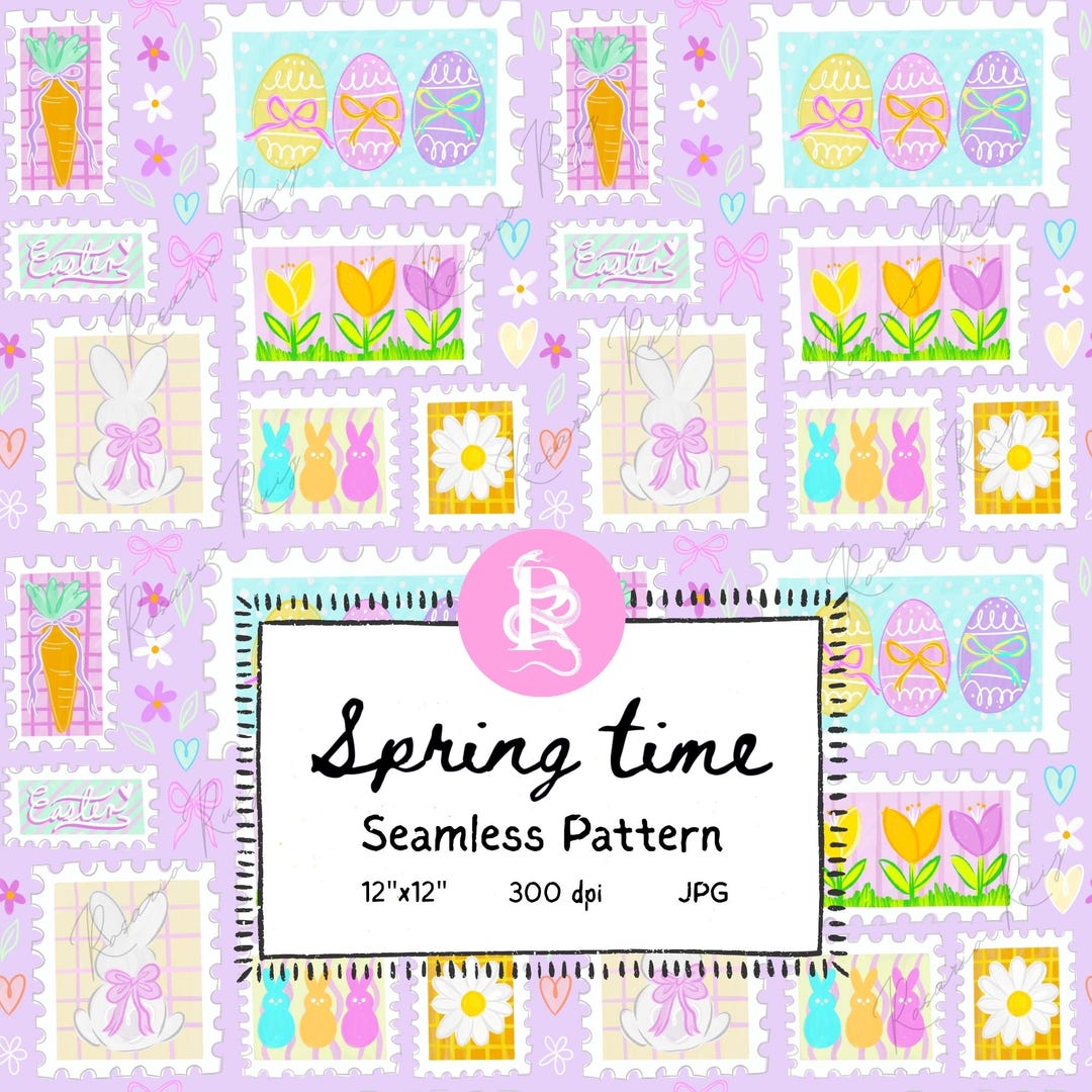 Postal Spring Easter Pattern, Seamless Spring Digital Paper, Postal Stamps Preppy ...