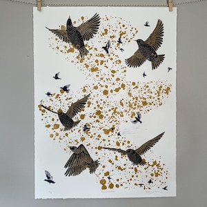 Starlings in Flight Linocut Print / Murmuration Art Print