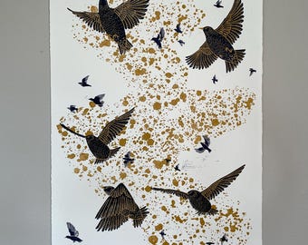 Starlings in Flight Hand-Printed Linocut: Murmuration Art Print