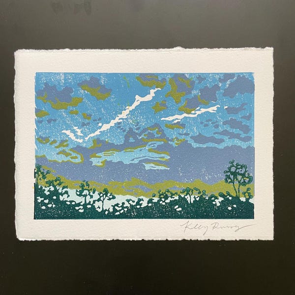 Clouds at Dawn Linocut Print / Sunrise Art Print