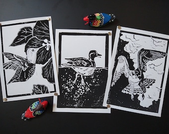Serie Bird (Colibrí + Ánade real + Halcón), Edición Abierta Original Linocut Prints