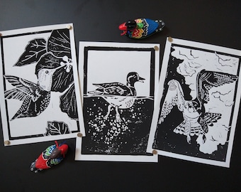 Bird Series (Hummingbird + Mallard + Falcon), Original Open Edition Linocut Prints