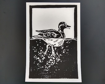 Mallard Linocut Print / Swimming Duck Art Print