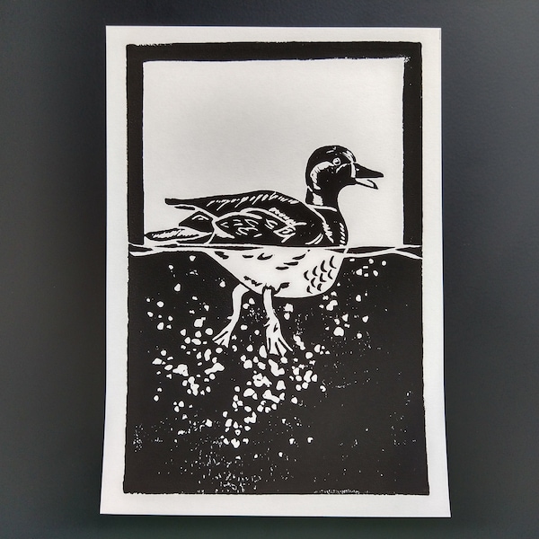 Mallard Linocut Print / Swimming Duck Art Print