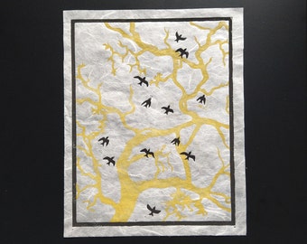 Birds in Flight Linocut Print: Gold River Art on Kozo Paper