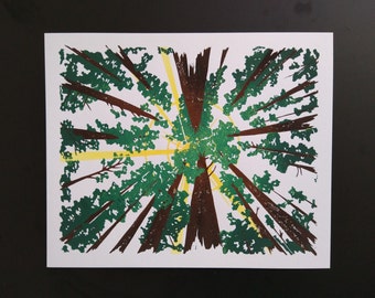 Redwoods Linocut Print: Tree Canopy Art
