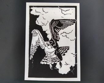 Peregrine Falcon, Original Open Edition Linocut Print