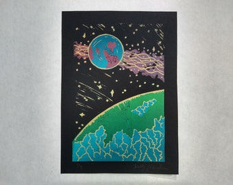 Outer Space Linocut Print / Stars and Planets Art Print