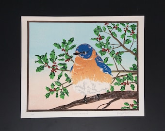 Eastern Bluebird Linocut Print: Limited Edition Bird & Holly Art
