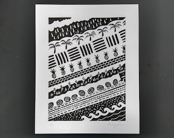Tropical Linocut Print: Abstract Landscape Art, "Flowers and Showers"