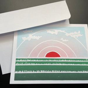 "Sonnenaufgang Blanko Grußkarten / Handgedruckte Linolkarten."