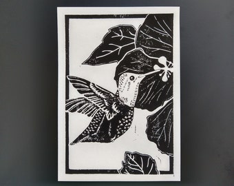 Hummingbird Linocut Print / Bird Art Print