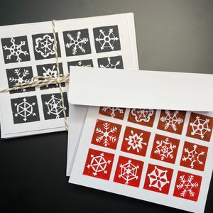 Snowflake Christmas Greeting Cards, Hand-printed, Set of 5