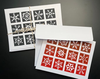 Snowflake Christmas Greeting Cards, Hand-printed, Set of 4