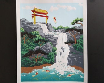 Waterfall Gate Linocut Print: Chinese Koi Fish Art