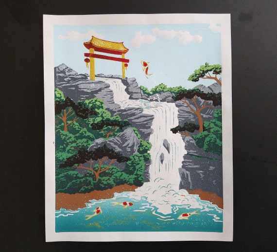 Waterfall Gate Linocut Print: Chinese Koi Fish Art