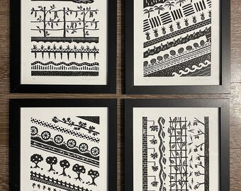 Geometric Nature Linocut Prints / Nature Art Print Set of 4