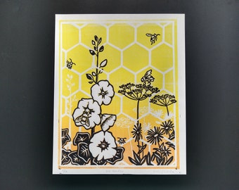 Bee Garden Linocut Print / Hollyhock and Bees Art Print