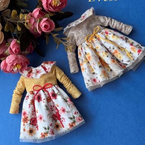 Handmade Blythe outfits - cute Blythe yellow dresses with floral print. Great Blythe doll outfit, Blythe yellow clothes & outfit for Blythe