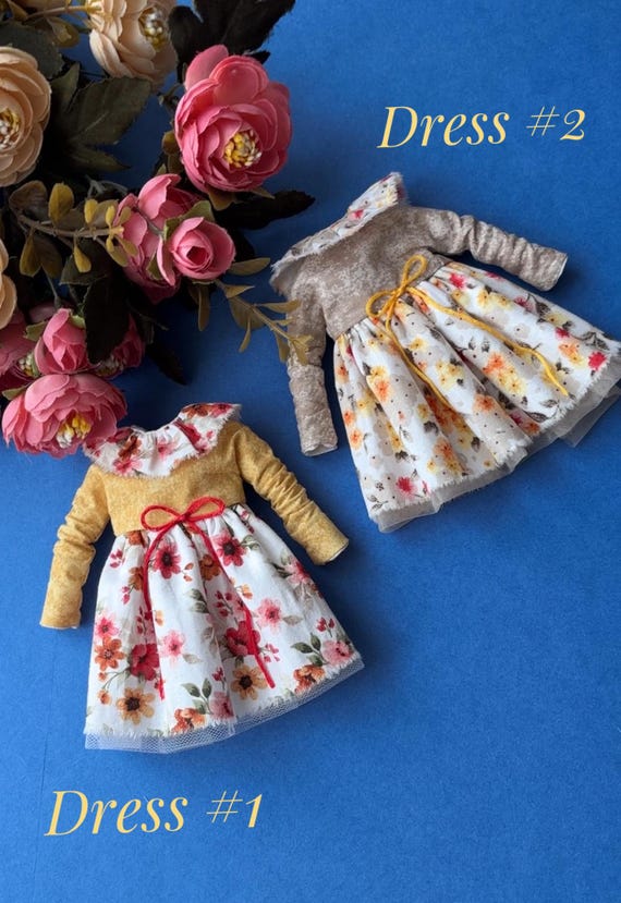 Handmade Blythe outfits - cute Blythe yellow dresses with floral print. Great Blythe doll outfit, Blythe yellow clothes & outfit for Blythe