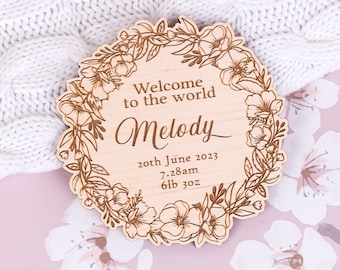 Personalised Baby Arrival Sign, Baby Name Announcement, Engraved Wooden Hello World Plaque, Social Media Prop