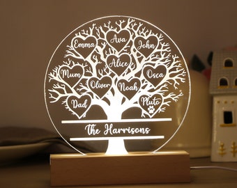 Family Tree Names Night Light, Mother's Day Gifts For Families, Gift For Parents Grandparents, Gifts From Children Grandchildren LED Lamp
