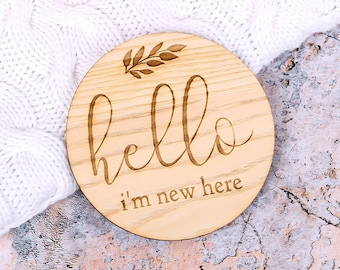Hello World My Name Is Sign, Engraved Baby Name Plaque, Wooden Birth Gift, Social Media Photo Prop Disc, Personalised Baby Arrival Sign