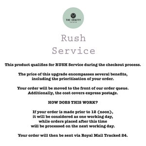 May include: A white text document with the title "Rush Service" and information about the service. The text explains that the service includes express postage and prioritizes the order. The document also explains how the service works.