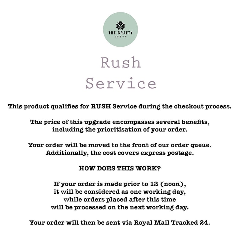 May include: A white text document with the title "Rush Service" and information about the service. The text explains that the service includes express postage and prioritizes the order. The document also explains how the service works.