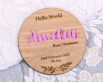 Personalised Baby Arrival Sign, Hello World My Name Is Sign, Engraved Baby Name Plaque, Wooden Birth Gift, Social Media Photo Prop Disc