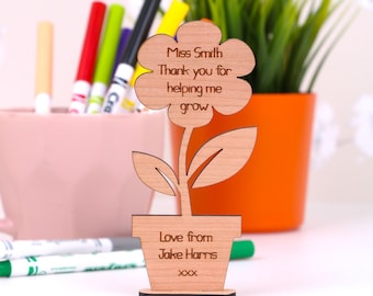 Personalised Thank you | Teacher Gift Wooden Flower Pot | Pre School Nursery Leaving Graduation Present | Teacher Freestanding Gift
