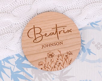 Wildflowers Baby Arrival Sign, Personalised Baby Name Announcement, Baby Name Plaque,  Wooden Birth Keepsake, Social Media Photo Prop Disc