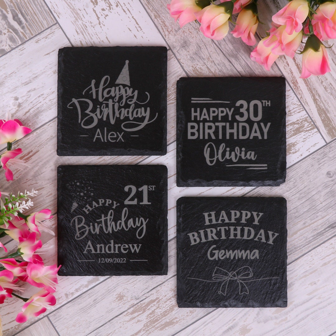 Personalised Engraved Birthday Slate Coaster, Custom Birthday Gifts for ...