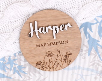 Wildflowers Baby Name Announcement, Engraved Wooden Plaque, Personalised Arrival Sign, Custom Photo Prop for Social Media