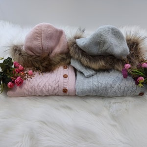 Baby knitted overall - Lined baby knitted overall - Warm overall - Winter overall - Faux fur hood