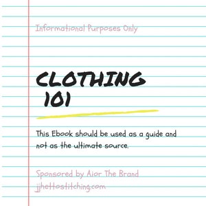 Puede incluir: Una página de cuaderno con el título "CLOTHING 101" en letras negras en negrita. El texto "This Ebook should be used as a guide and not as the ultimate source" está debajo. La página tiene líneas horizontales azules y una línea vertical roja.