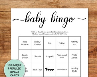 Baby Shower Bingo, Printable Bingo Cards, Prefilled Bingo Cards