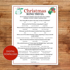 Christmas Song Trivia Game, Christmas Party Game, Christmas Printable Game, Instant Download