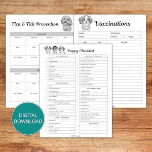 Liste de contrôle imprimable pour chiots en noir et blanc, suivi de la vaccination des chiots, suivi des puces et des tiques pour chiots, liste de contrôle pour les nouveaux chiots imprimable