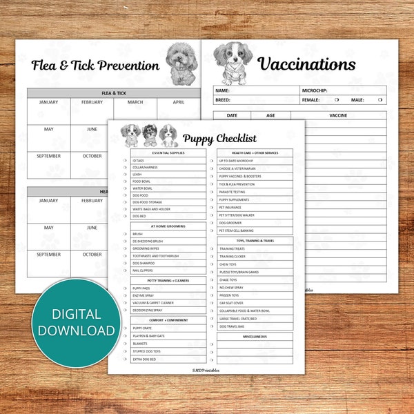 Black and White Printable Puppy Checklist, Puppy Vaccination Tracker, Puppy Flea and Tick Tracker