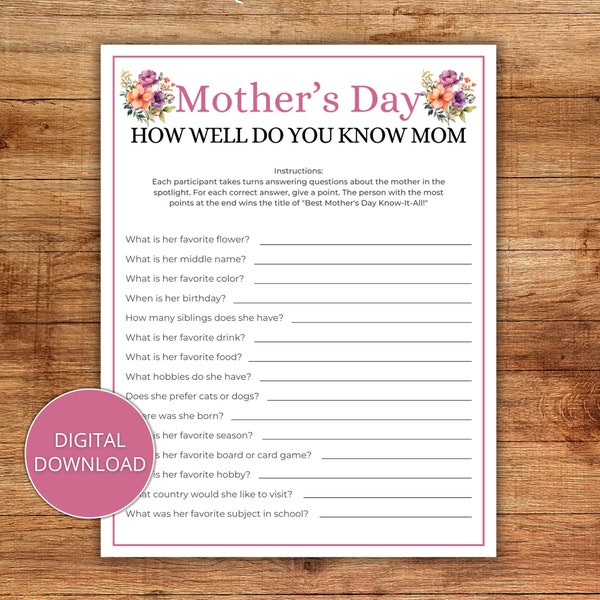 How Well Do You Know Mom, Who Knows Mom the Best, Mother's Day Game, Mother's Day Group Game, Instant Download