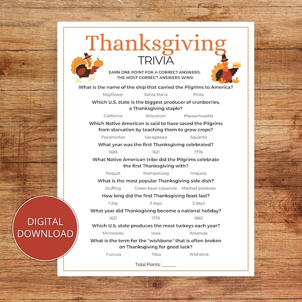 Thanksgiving Trivia Game, Thanksgiving Party Game, Thanksgiving Printable Game, Instant Download